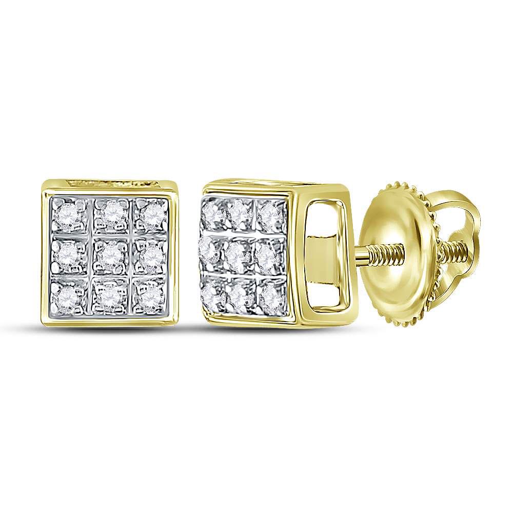 Mens Round Diamond Square Cluster Stud Earrings 1/20: REF-6F5W ---- Mens Round Diamond Square Cluster Stud Earrings 1/20 Cttw 10kt Yellow Gold Description 10kt Yellow Gold Mens Round Diamond Square Cluster Stu