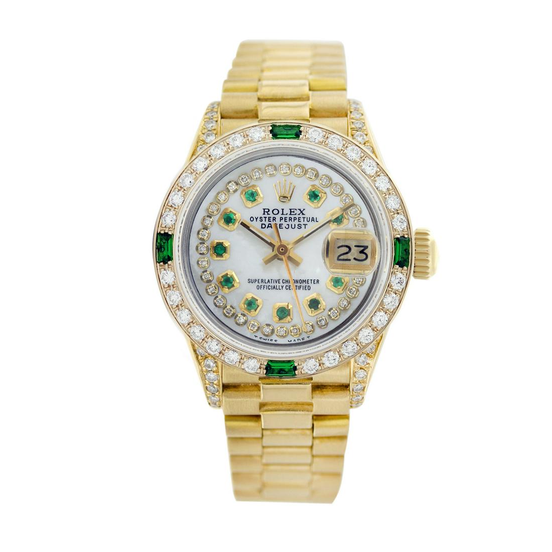 Rolex Pre-owned 26mm Womens String White MOP 18K Gold: SKU: LALPS0010Estimated Pre-Owned Retail Price: $22300 Condition: Pre-owned / Excellent Condition Model: Rolex DateJust Gender: Womens Dial: String White MOP Dial Marker: 10 Emerald Diamond Color: G-H