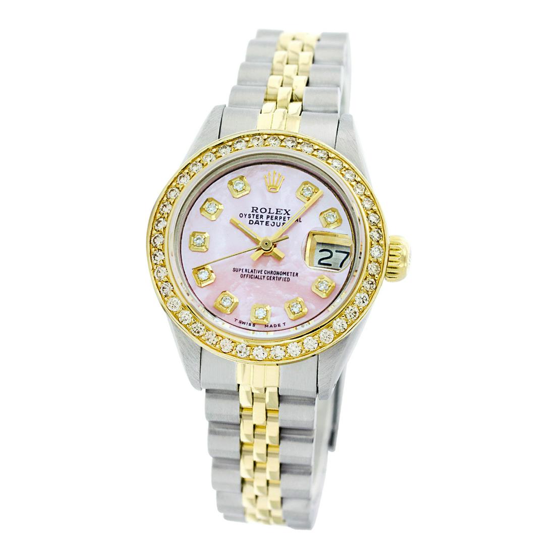 Rolex Pre-owned 26mm Womens Custom Pink Mother of Pearl: SKU: LA001LT026Estimated Pre-Owned Retail Price: $10000 Condition: Pre-owned / Excellent Condition Model: Rolex DateJust Gender: Womens Dial: Custom Pink Mother of Pearl Dial Marker: 10 Genuine Diamon