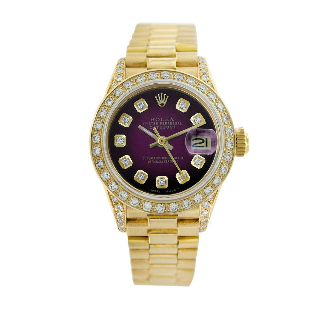 Rolex Pre-owned 26mm Womens Purple Vignette 18K Gold: SKU: LALPS0009Estimated Pre-Owned Retail Price: $22300 Condition: Pre-owned / Excellent Condition Model: Rolex DateJust Gender: Womens Dial: Purple Vignette Dial Marker: 10 Diamonds Diamond Color: G-H