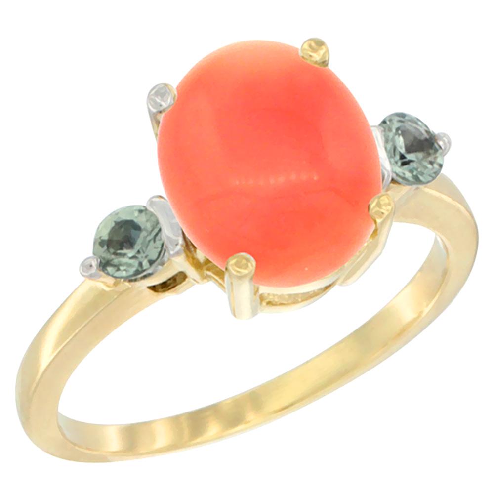 0.24 CTW Green Sapphire & Natural Coral Ring 10K Yellow Gold: 0.24 CTW Green Sapphire Ring 10K Yellow Gold Manufacturer's Suggested Retail Price: $780.00 Mainstone Type: Green Sapphire @ 0.24 ctw Mainstone Color: Green Mainstone Clarity: Translucent Ring Size: 7
