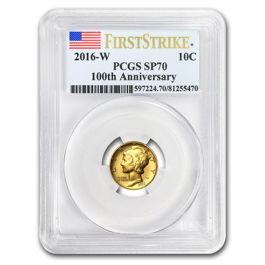 One pc. 2016-W 1/10 oz Gold Mercury Dime SP-70 PCGS (FS, Flag Label): 2016-W 1/10 oz Gold Mercury Dime SP-70 PCGS (FS, Flag Label) ***** Product ID: 117835 ***** Year: 2016 ***** Grade Service: PCGS ***** Denomination: 10 Cents ***** Metal Content: 0.1 troy oz ***** Pur
