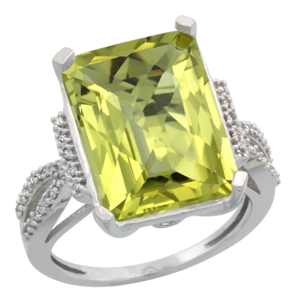 Natural 12.14 ctw Lemon-quartz & Diamond Engagement: REF#42R6F Manufacturer's Suggested Retail Price - $2820.00 Natural 12.14 ctw Lemon-quartz & Diamond Engagement Ring 10K White Gold Gemstone: Natural emerald-shape Lemon-quartz @ 12 ctw Diamond: Natura