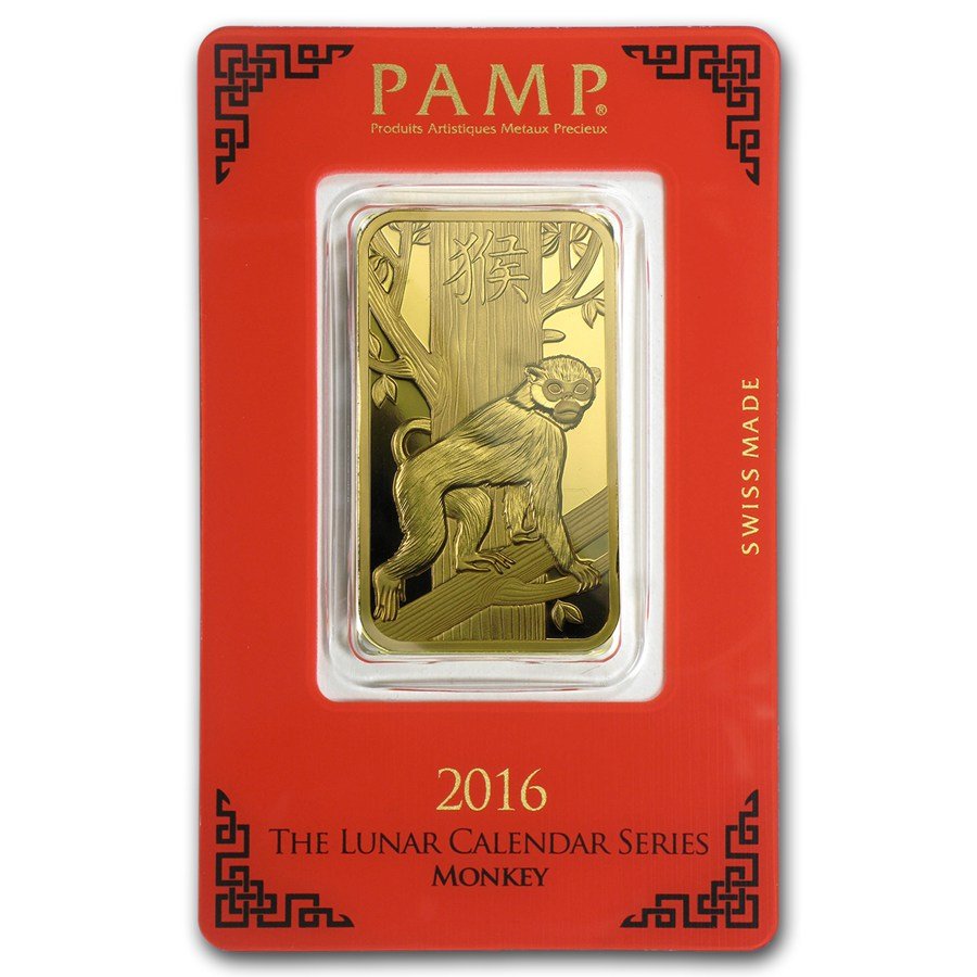 One pc. 1 oz .9999 Fine Gold Bar - PAMP Suisse Year of: One pc. 1 oz .9999 Fine Gold Bar - PAMP Suisse Year of the Monkey In Assay One pc. 1 oz .9999 Fine Gold Bar - PAMP Suisse Year of the Monkey In Assay