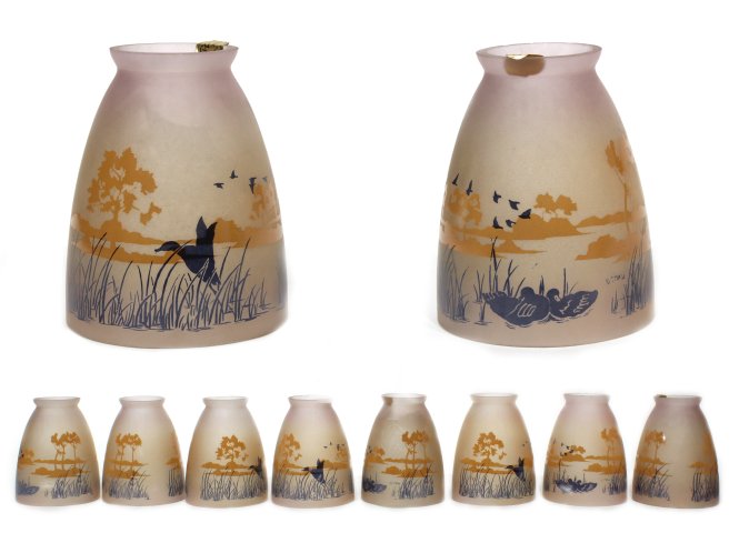 Set 8 Painted Glass Lamp Shades, C W Vianne, Ducks Pond (1 of 9)