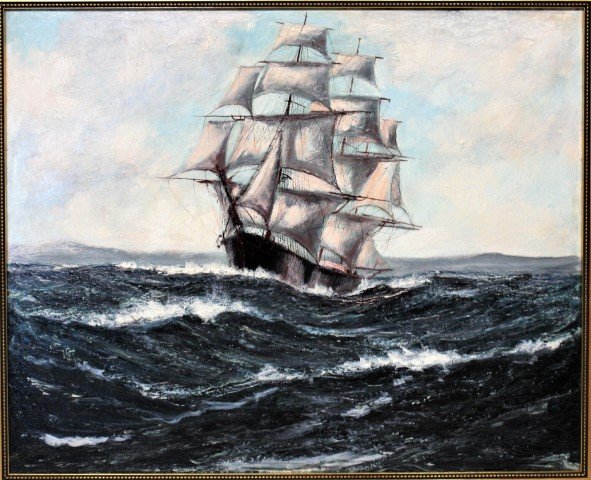 Jonas Lie, oil on board, Full Sail Ship On Sea painting (1 of 6)