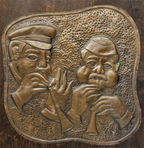 Russian Hand Hammered Copper Plaque of 2 Musicians (1 of 6)