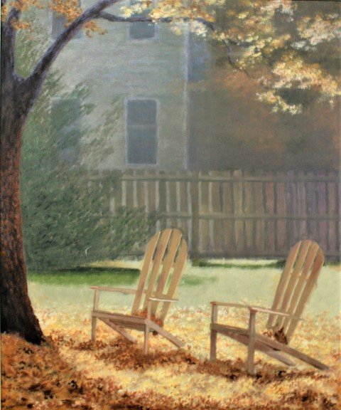 K. Gagnon, 20th C. Oil/c Adirondack Chairs In Backyard (1 of 6)