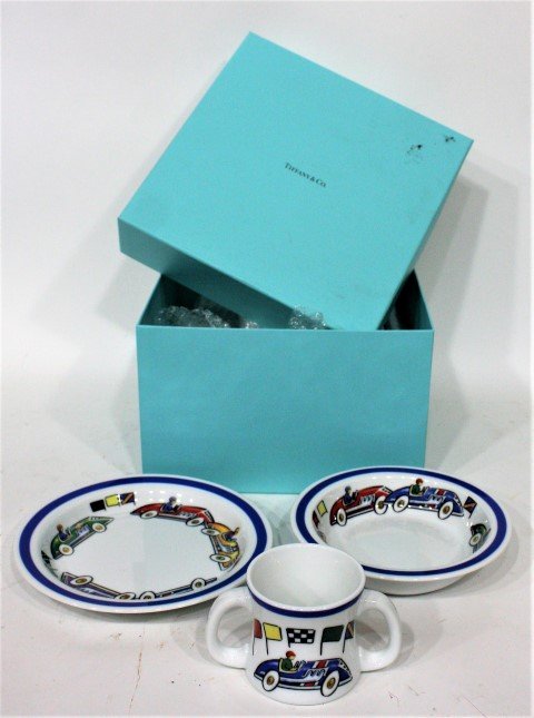 Tiffany & Company Race Cars Childs Breakfast Set in Box: Tiffany & Company Race Cars Childs Breakfast Set in Box. Tiffany & Company Made in Japan 2002. Size: mug 3 in. height, bowl 7 in. diameter, underbowl 8 in. diameter.