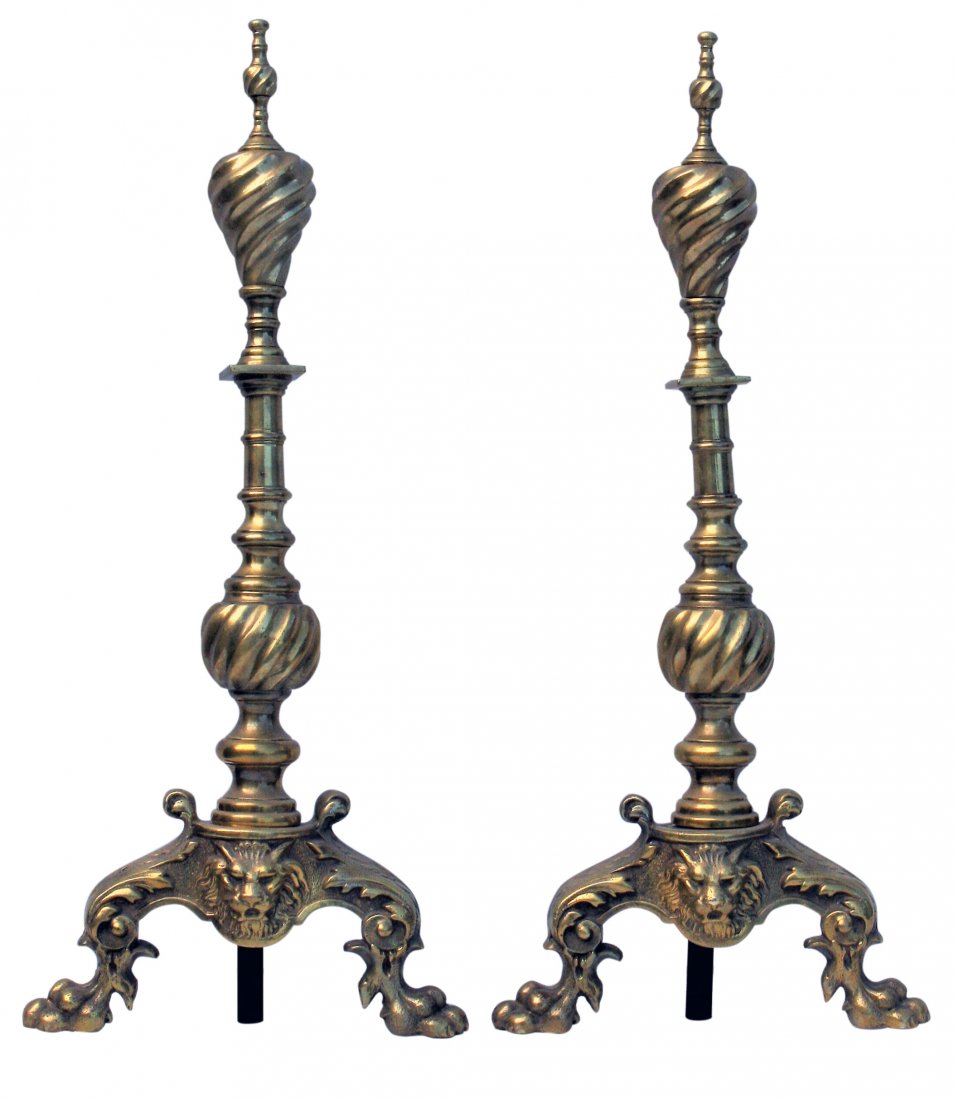Antique Brass Fireplace Andirons, Lion's Heads Clawfeet (1 of 4)