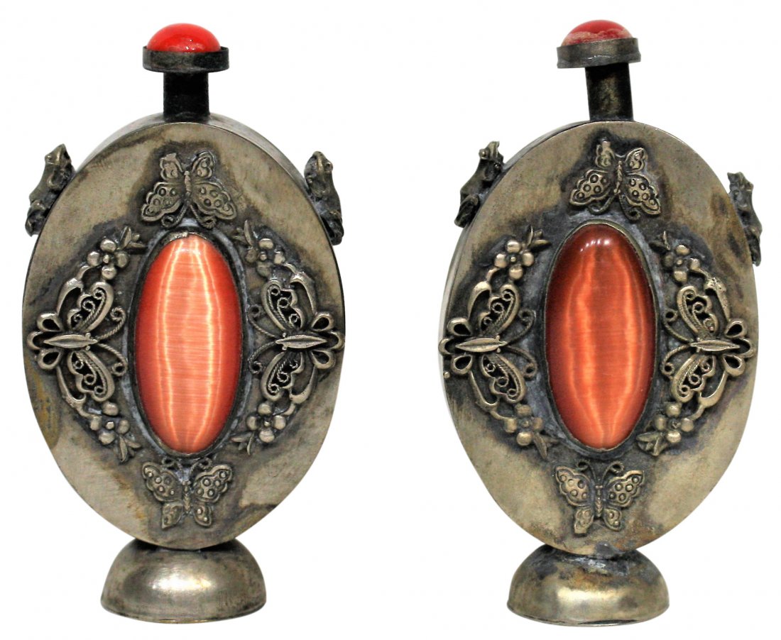 Pair Snuff Bottles Silver and Orange Stone Marked (1 of 6)