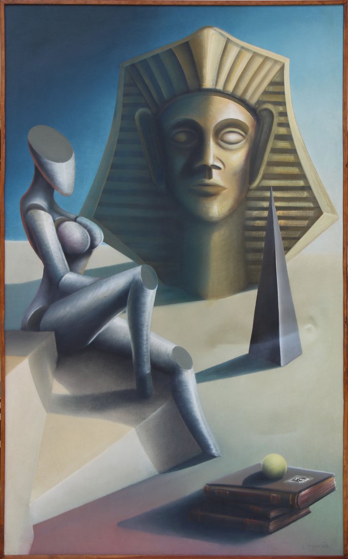Large Cubistic Oil/C Painting Figure, Egyptian Sphinx (1 of 4)