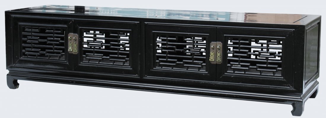 Mid-Century Chinese Black Lacquer Credenza Cabinet: Mid-century Chinese Black Lacquer Credenza Cabinet, Multi Doors. Stamped on bottom made in Hong Kong. Nice quality cabinet. Some bamboo window frames are fragmented. Size: 16 inches in height, top sur