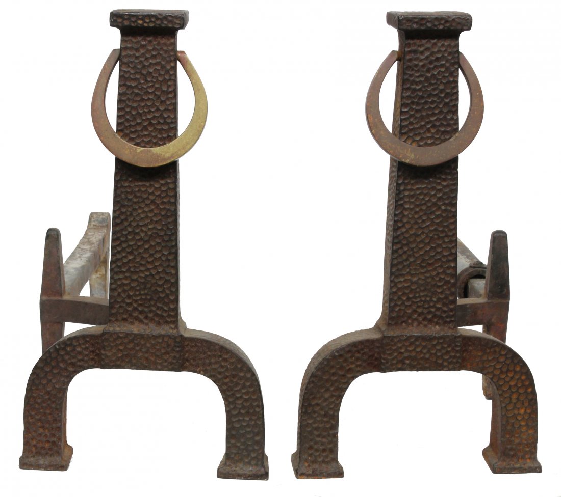 BRADLEY & HUBBARD Arts & Crafts Cast Iron Andirons: Arts & Crafts Mission Cast Iron Andirons signed BRADLEY & HUBBARD. One has reinforced leg bar. Size: 15 inches in height, 22 inches long.