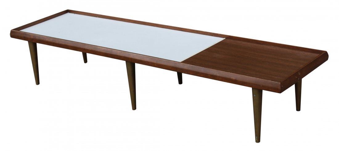 Mid-Century Modern Coffee Table: Long Mid-century modern coffee table with brass over wood legs. Size: 13 inches in height, 67 x 18 inches.