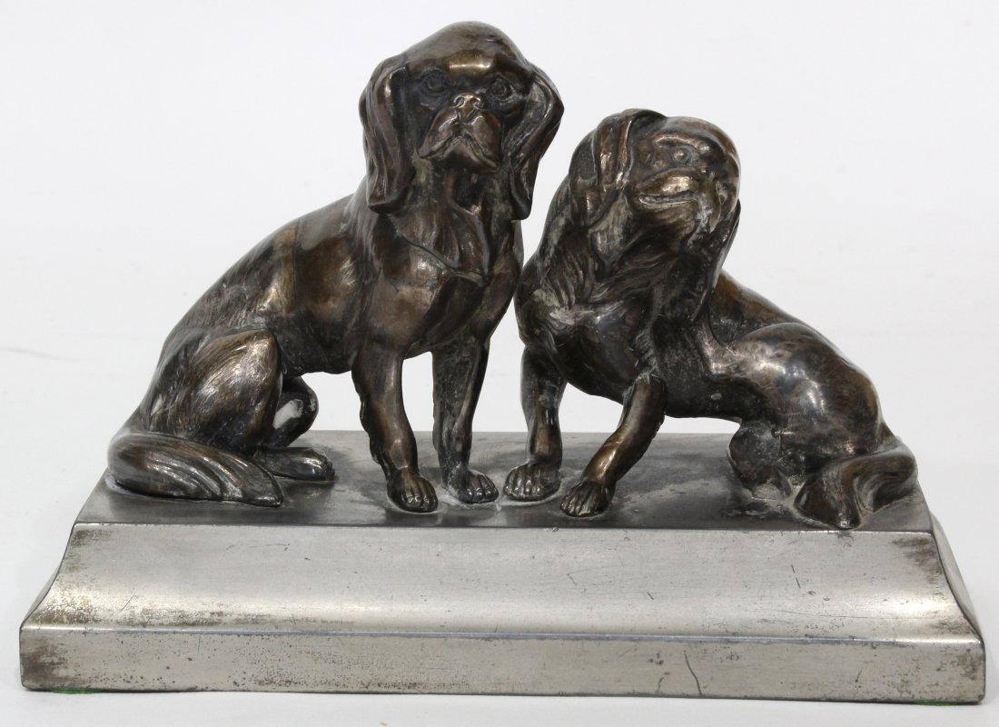 Silver Plated Metal 2 French Dogs Statue: Silver Plated Metal 2 French Dogs Statue. size: 7 x 3.25 inche base, 5 inches in height.