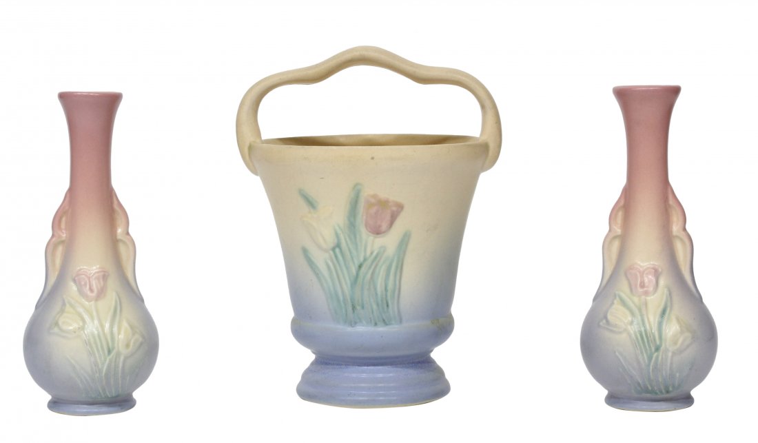 Three (3) Hull Pottery with Tulips Vase Basket (1 of 3)