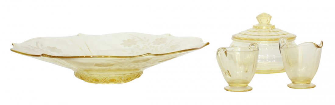 Four (4) Yellow Depression Glass Etched cut (1 of 6)