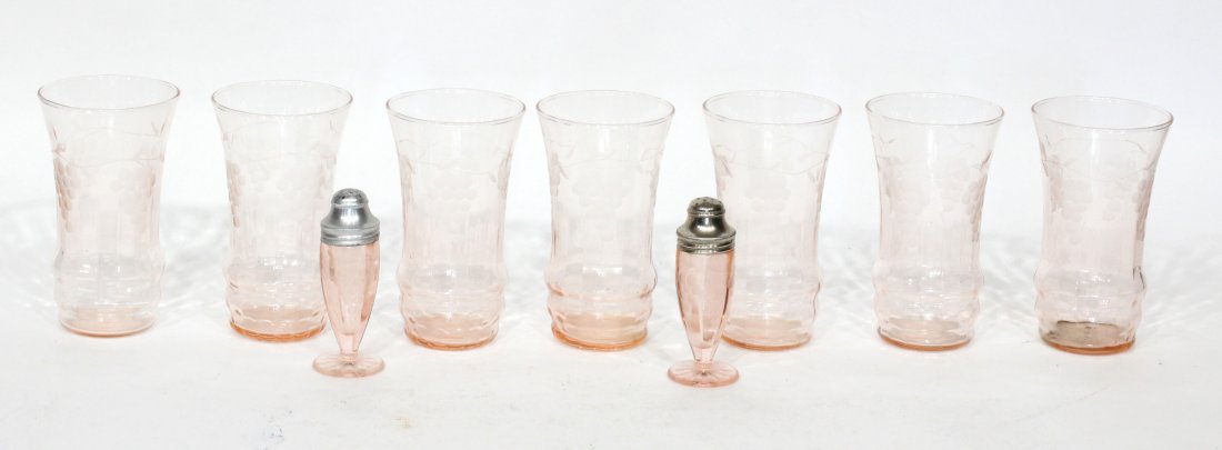 Pink depression era etched shot glasses and shakers (1 of 2)