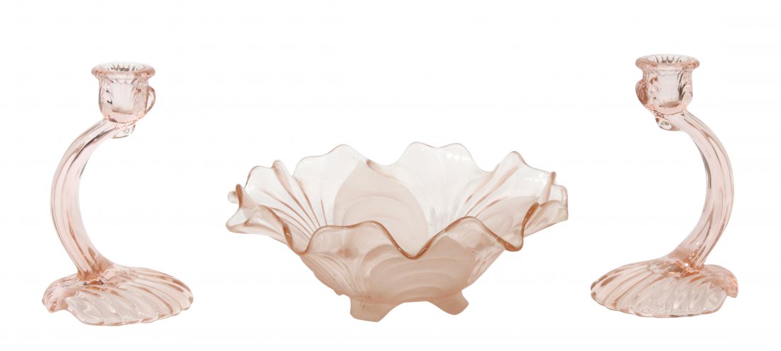 Pink Cambridge Glass Center Bowl & Candlesticks (1 of 2)