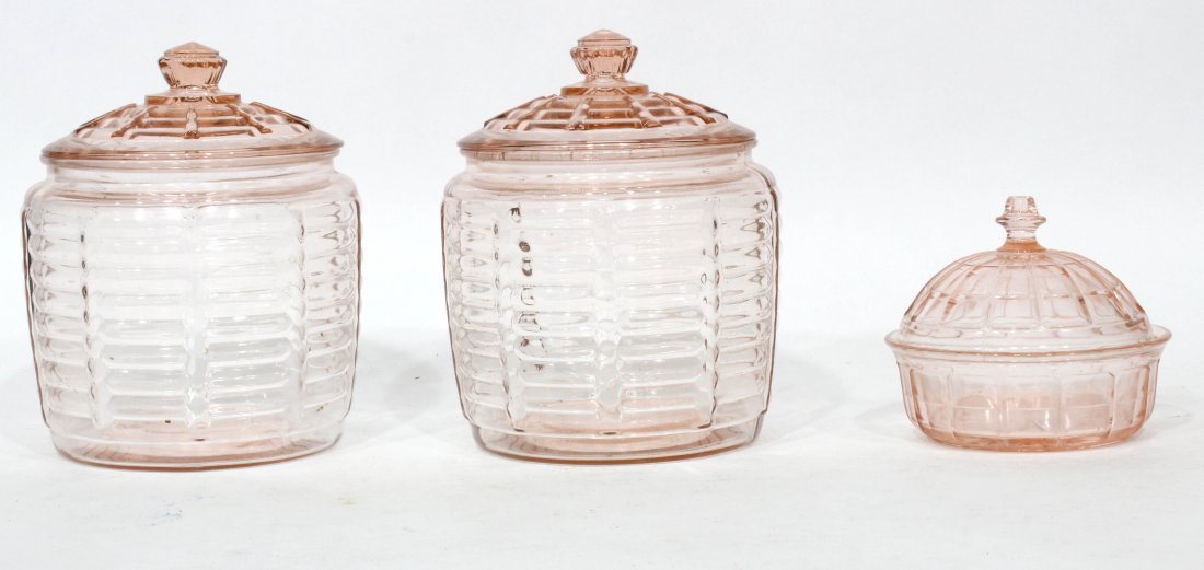3 Assorted Pink Depression Glass Covered Jars (1 of 2)