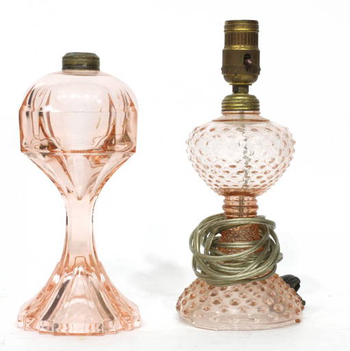 2 Pink Depression Glass Oil Lamps, One Electrified