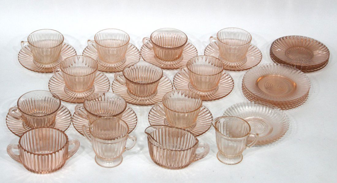 Grouping Pink Depression Glass Cups, Saucers, Creamers (1 of 4)