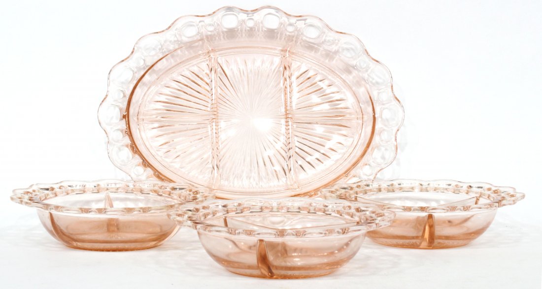 4 Pieces Pink DEpression Glass Open Lace Divided Dishes (1 of 3)