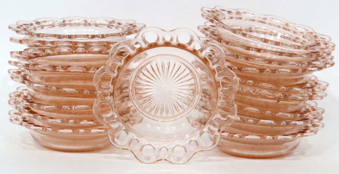 18 Pink Depression Glass Open Lace Bowls (1 of 2)