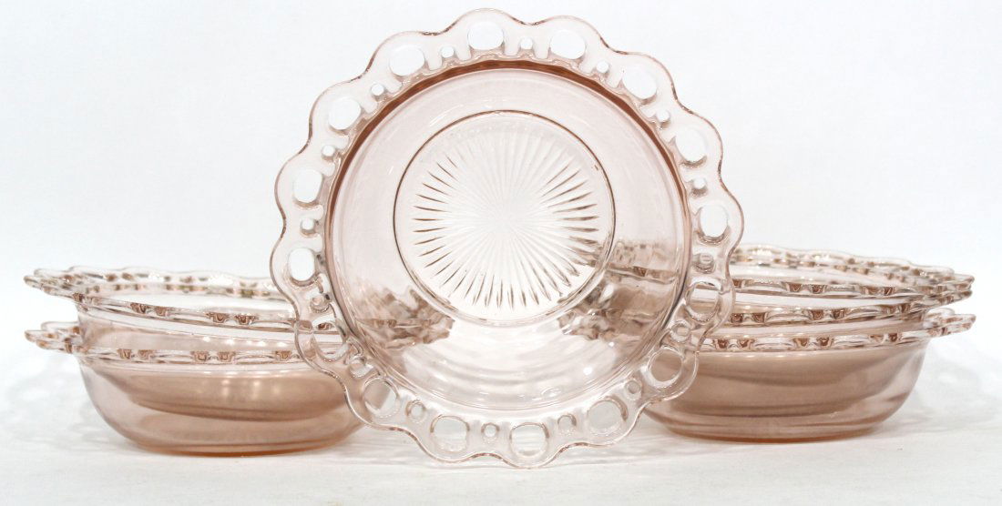 6 Pink Depression Glass Open Lace Bowls (1 of 2)