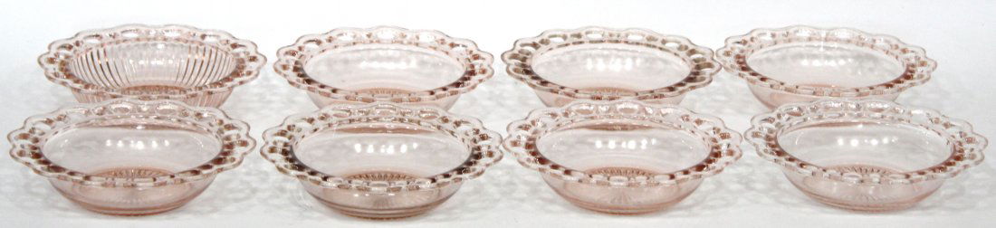 8 Pink Depression Glass Open Lace Bowls (1 of 2)