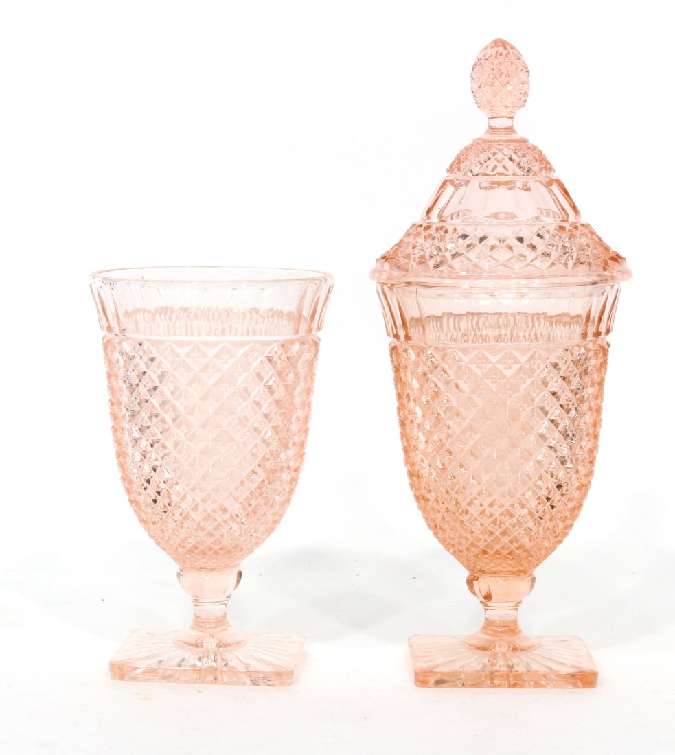 2 Miss America Pink Depression Jars, One With Cover: 2 Miss America Pink Depression Jars, One With Cover.Size height range with lid: 7 -11.5