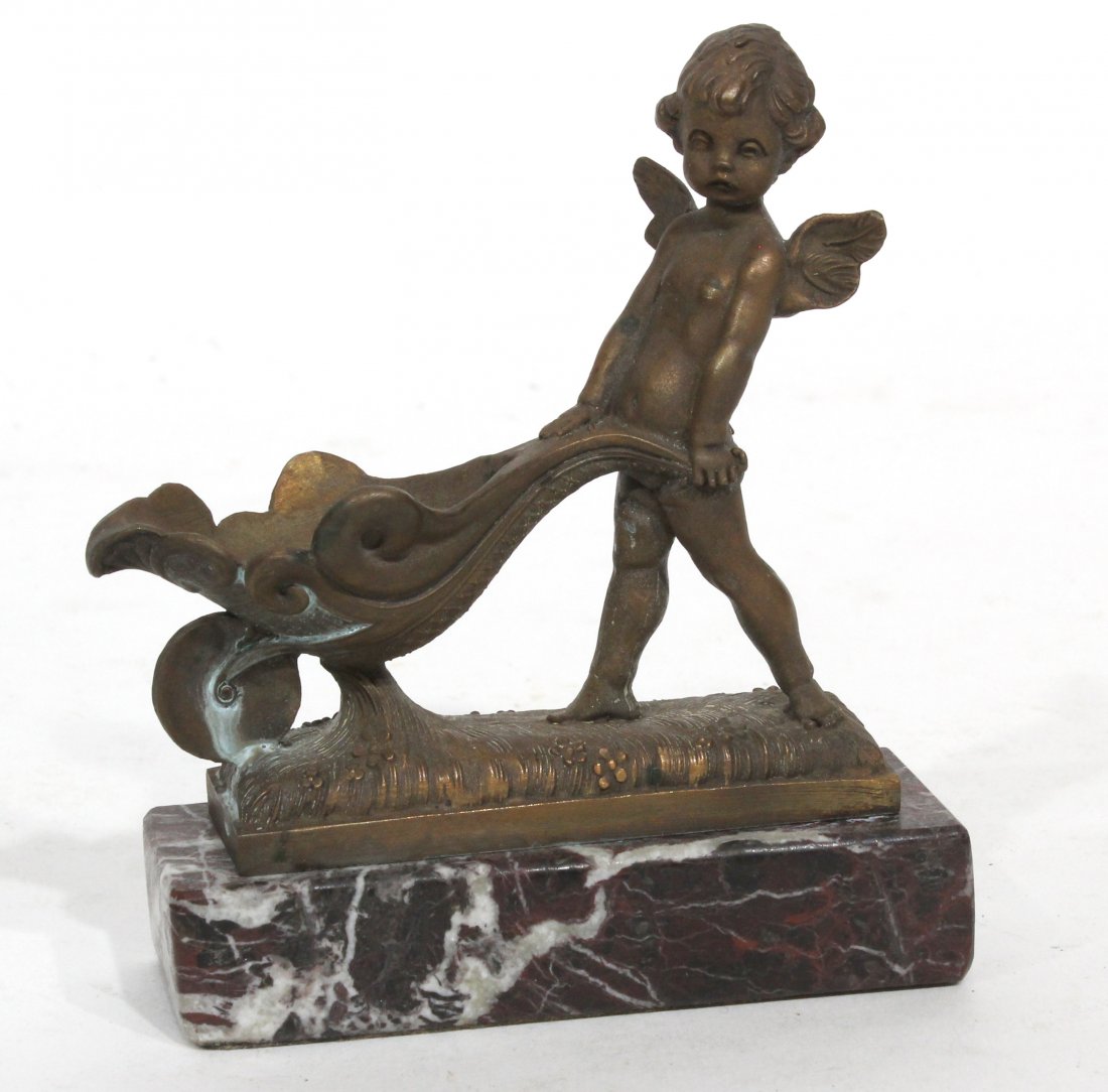 Bronze Pipe Holder Winged Cupid Pushing Wheelbarrow (1 of 3)