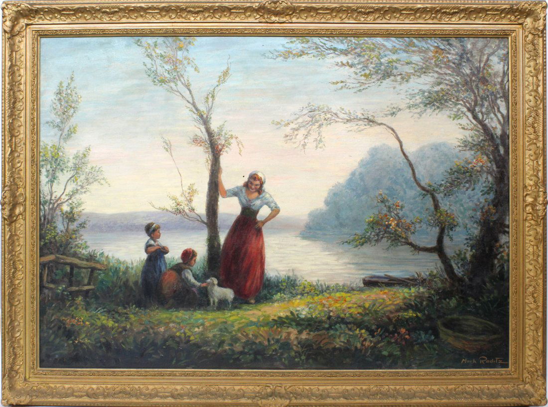 A MARK RADITZ OIL ON CANVAS, EUROPEAN SCENE AT LAKE (1 of 5)