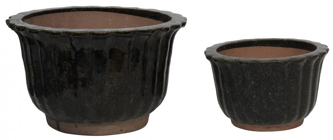 Pair Mid Century Brown Glaze Terra Cotta Plant Pots (1 of 3)