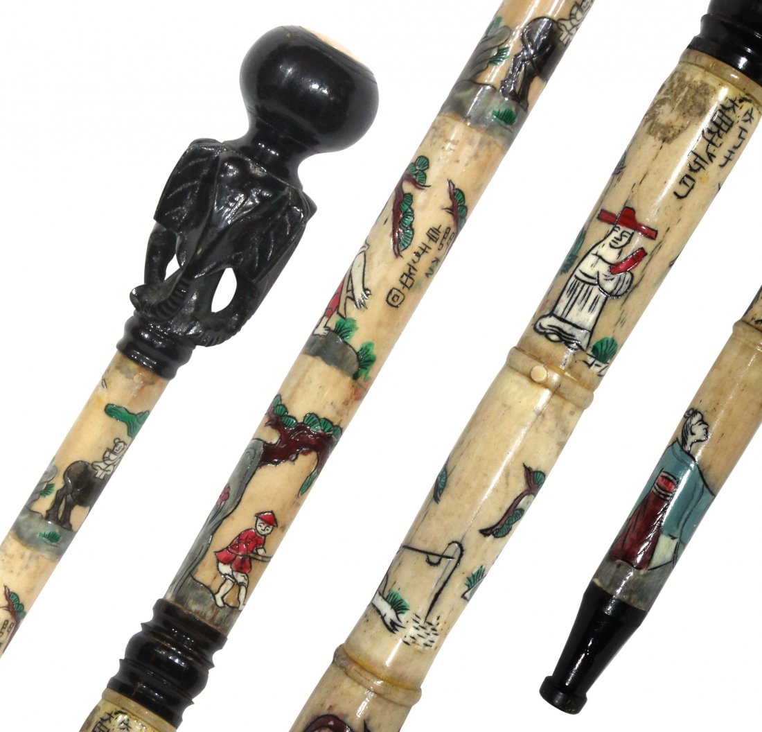 Malaysian Elephant Carved Inlay Cane Oriental: Antique cane with a carved 3 head elephant handle . Shaft may or may not be a type of ivory or bone. It is carved and painted with figures around and carved names throughout. Little circular wedges ca