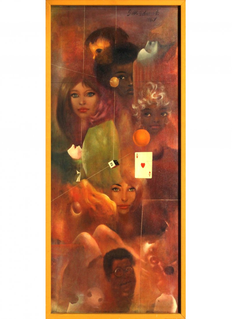 J W EDWARDS 1967, Oil/c Abstract Faces Figures Gambling (1 of 5)