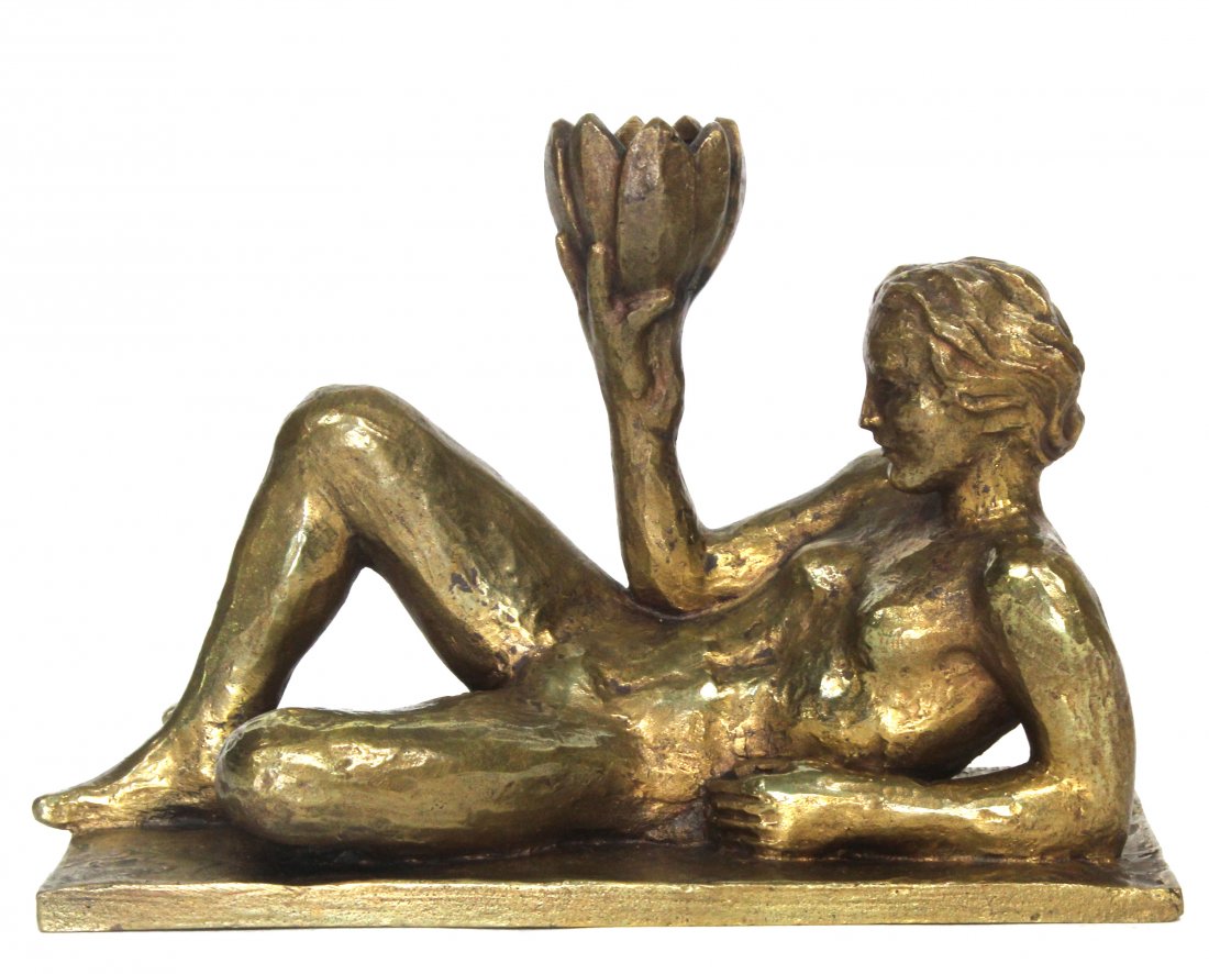 Hans Haffenrighter, Bronze Reclining Nude Woman Signed: Hans Haffenrighter, Bronze Reclining Nude Woman Holding Petals Candleholder. Signed on base HAFFENRIGHTER Size: 4.75 (h) 7(l)Hans Haffenrichter (1897-1981) Hans Haffenrichter learned mechanic initiall