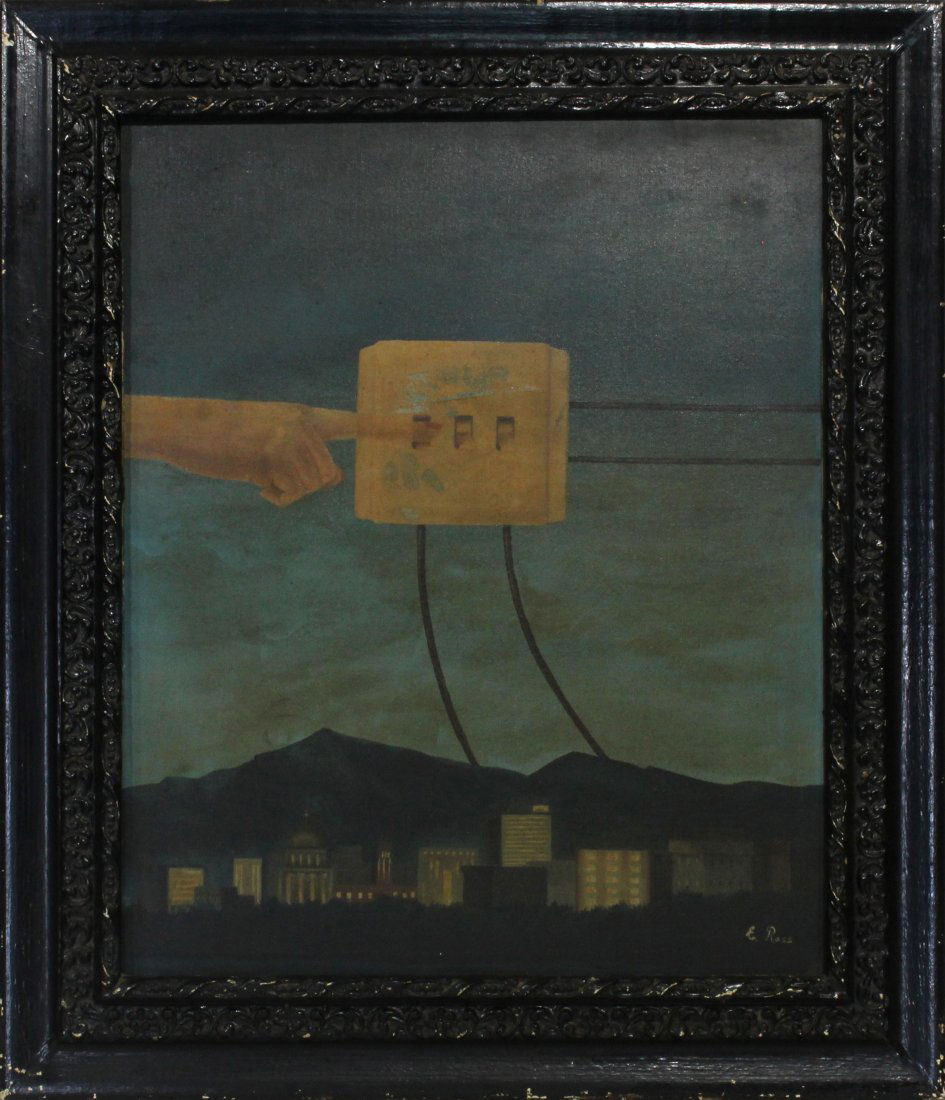 E ROSS, oil/c Vintage Surrealism Light Switch Over Town (1 of 4)