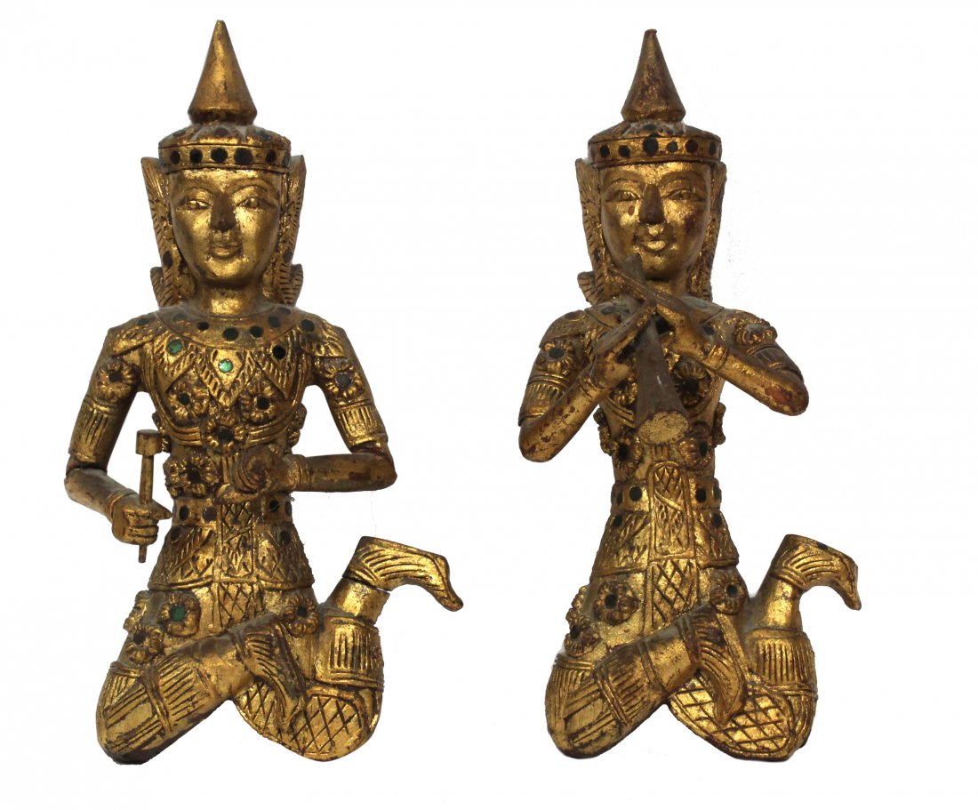 Pair BUDDHIST GOLD GILT WOOD FIGURES: Pair BUDDHIST GOLD GILT WOOD FIGURES.Size height range, 16 : 16.5 inches