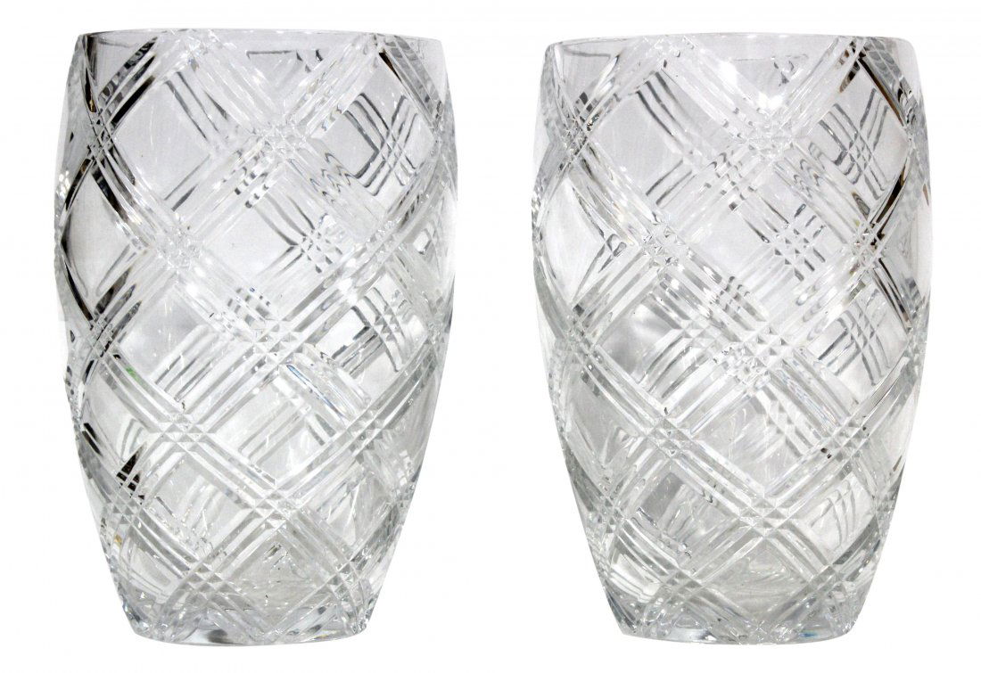 Pair Large Cut Glass Vases Braided Bands (1 of 3)