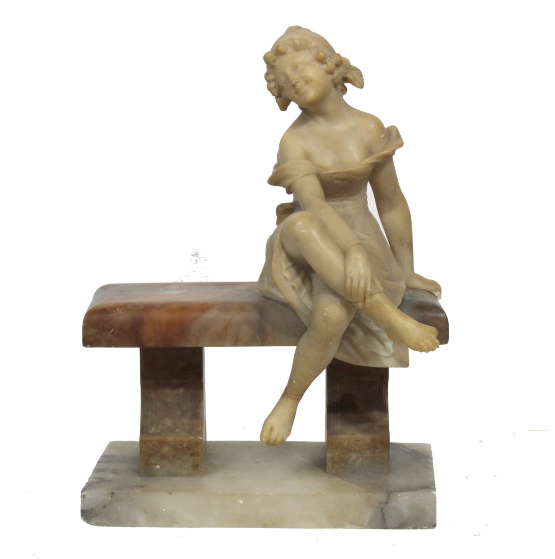 Antique Carved Marble YOUNG GIRL SITTING ON BENCH (1 of 5)