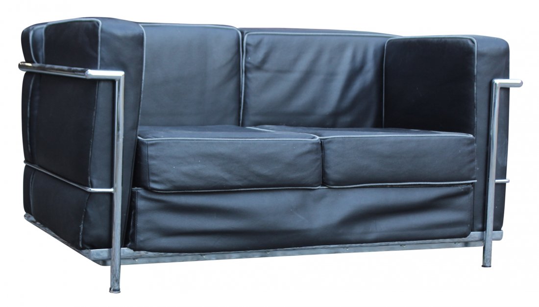LE CORBUSIER [after] CHROME & BLACK LEATHER SETTEE (1 of 2)