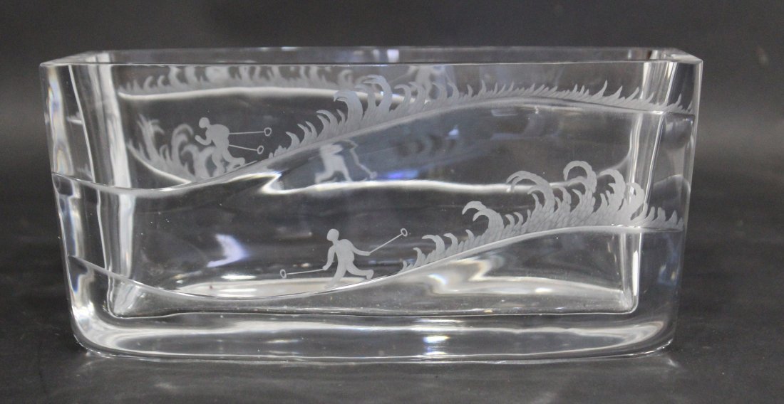 ORREFORS Rectangular Bowl Etched Skier Scene: ORREFORS Rectangular Bowl Etched Skier Scene.Signed and Numbered.Size: 4 (h) 9 (w)