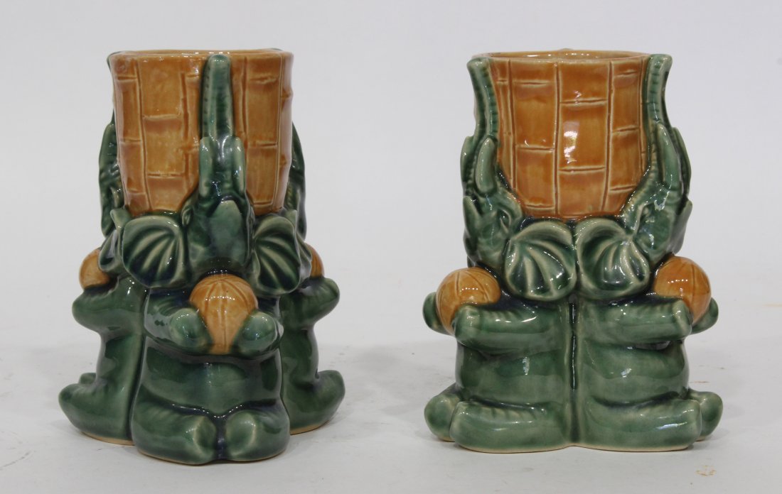 Pair Majolica Vases Faux Bamboo , Elephants on Sides: Pair Majolica Vases Faux Bamboo , Elephants on Sides.Size: 6 (h) 4.5 (w)