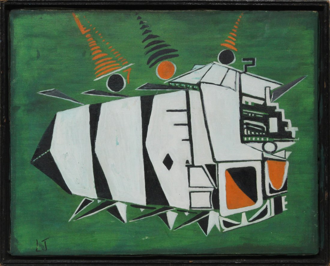 Mid-Century Modern Atomic Space Age painting on canvas: Mid-Century Modern Atomic Space Age painting on canvasTitled "Transformer"Size: 14 x 18 (composition) 15.5 x 19.5 (edge of frame