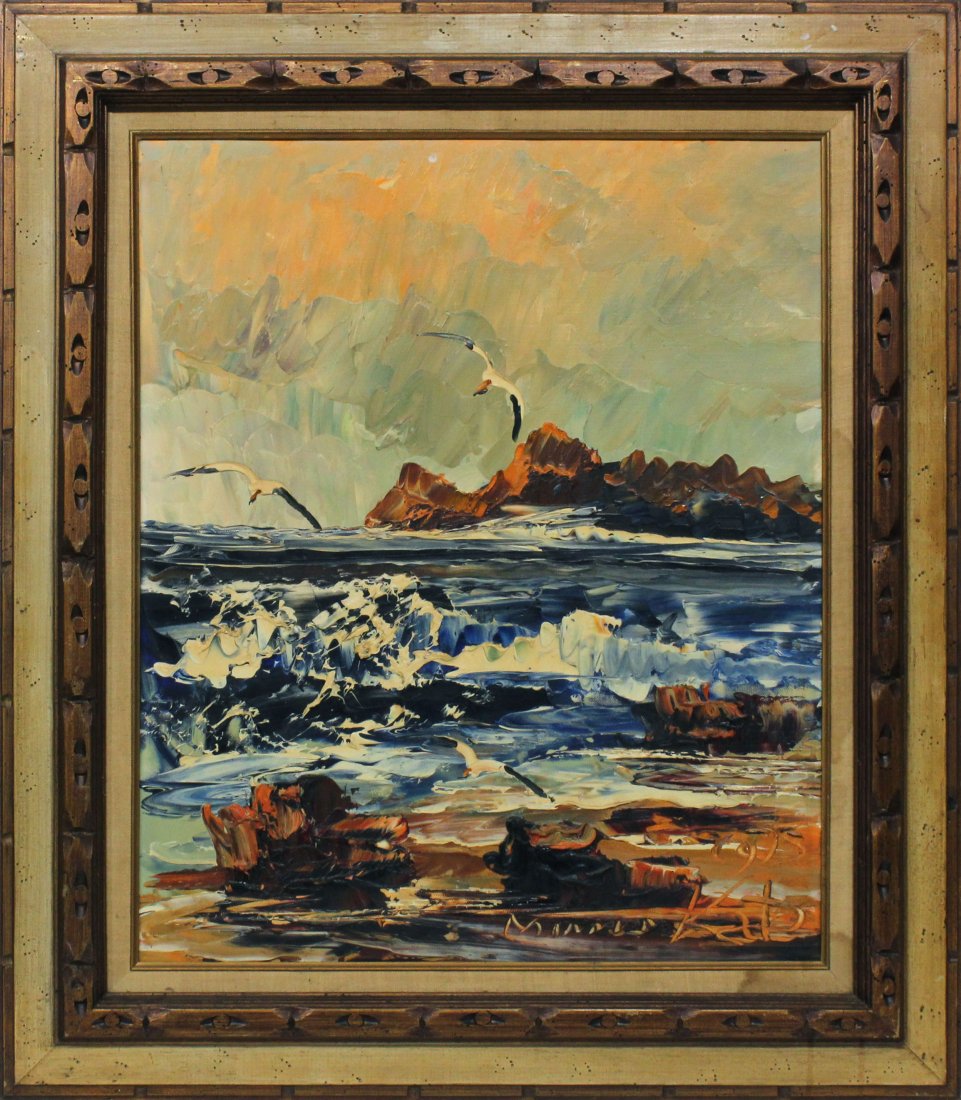 Morris Katz with Crashing waves 1975: Morris Katz with Crashing waves and seagulls signed and dated 1975Size: 20 x 24, outside of frame 31.5 x 27.5