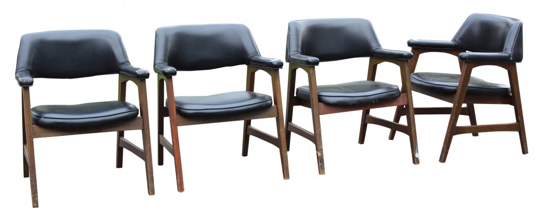 Set 4 Mid-century Modern arm chairs black leather (1 of 5)