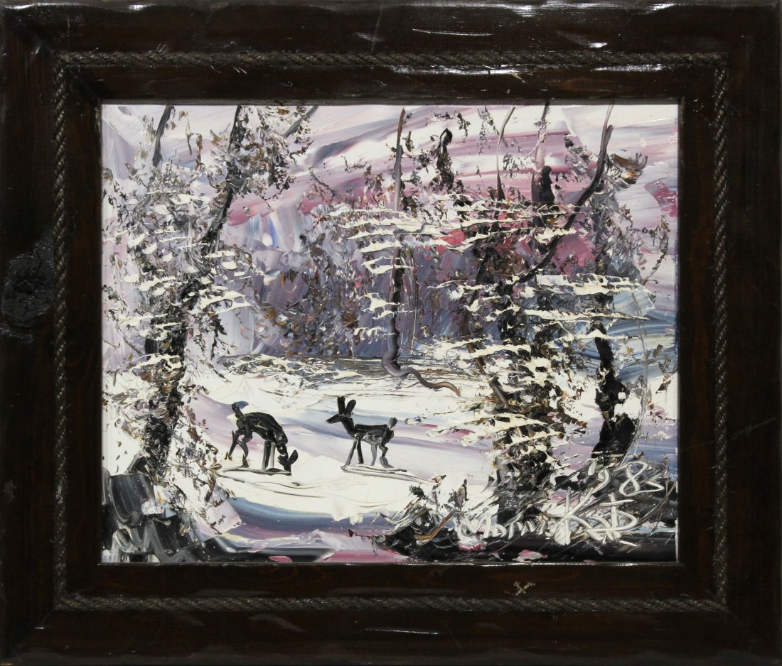 Morris Katz 1985 Original Oil Painting snow scene: Morris Katz 1985 Original Oil Painting snow scene with deer 16 20