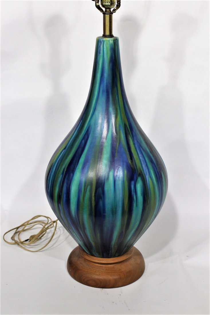 Mid Century Modern GLAZED POTTERY LAMP greens, blues (1 of 6)